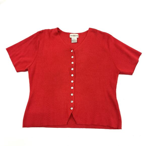 Vintage XL Cardigan Sweater Short Sleeve Red Button Up Valentines Romantic - Picture 1 of 7